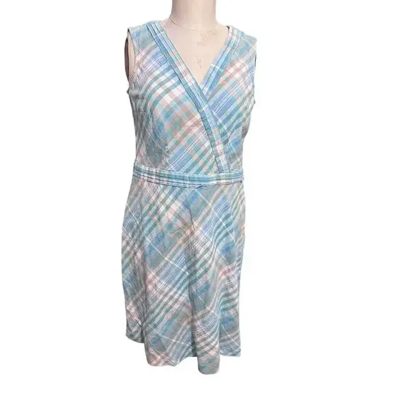 LL Bean Linen Cotton Blue Green Plaid Faux Wrap Dress womens sz 10